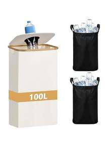 100-Liter Bamboo Frame Storage Bottle Recycling Box| Folding Large Trash Can Laundry Basket For Storage Of Cans And Cans Suitable For Home Kitchens And Bathrooms - Multicolor - View 8