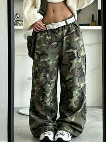 INAWLY Women's Camouflage Pattern Cargo Wide Leg Loose Long Pants - Multicolor - View 1