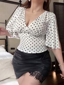 Vibekara Plus Size Spring Summer Vacation Women's Sweet Elegant White Fabric Ruffle Short Sleeve Split Design V-Neck Waist-Cinching Blouse Party Brunch Formal - Multicolor - View 8