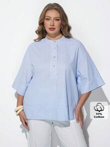 Maija 大尺碼簡約條紋半開襟鈕扣百搭襯衫 - 藍色 - 查看 3