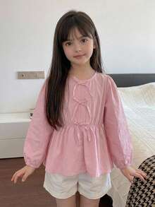 DAZY Round Neck Cute Bow Decor Cinched Waist Design Young Girls' Blouse Fall - Pink - View 6