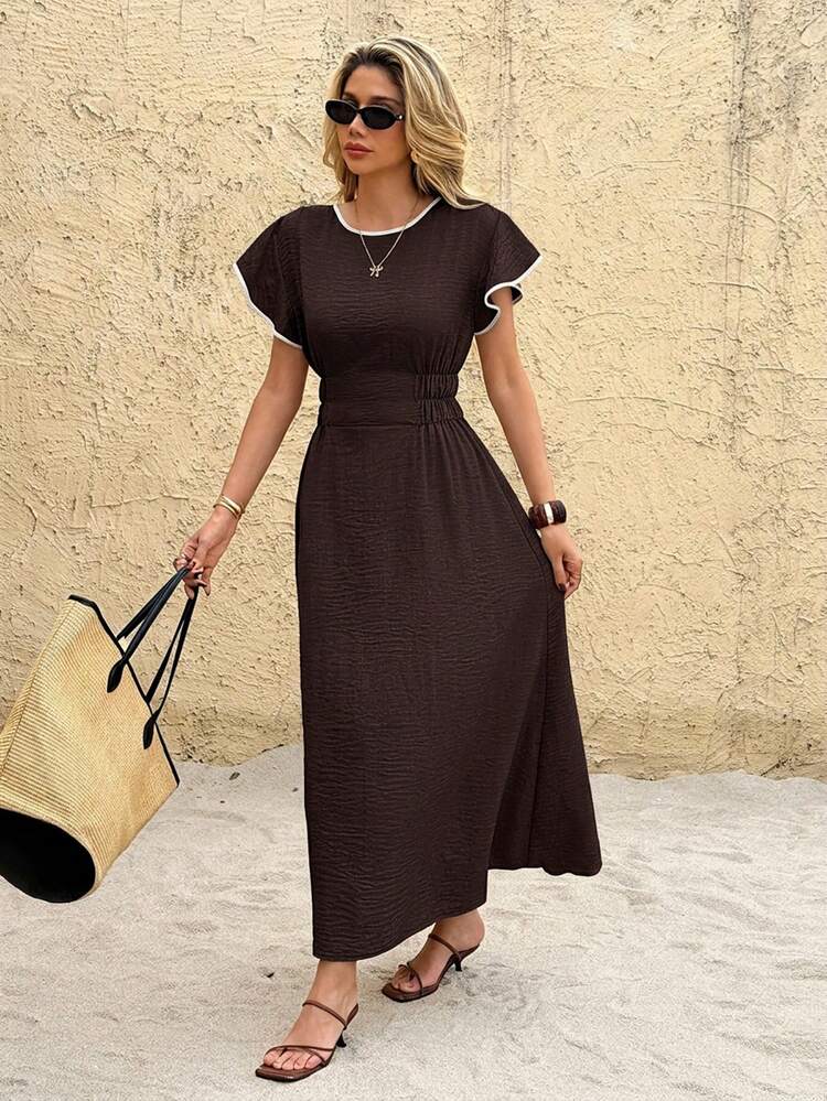 SHEIN Frenchy فستان ميدي أنيق للنساء بتصميم كتل لونية وكسرات وخصر مشدود للحفلات والسفر - قهوة بني - مشاهدة 5