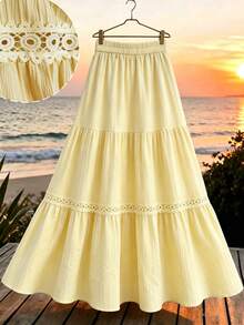 Modelyn Jupe décontractée pour femme style artistique français, design ajouré unique, patchwork de dentelle, coupe trapèze affinçante, jupe à volants - Jaune citron - Voir 1