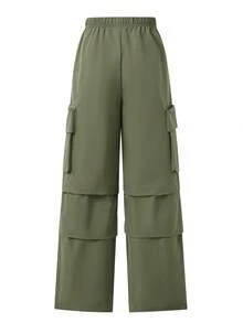 SHEIN 女童素色彈性腰褶皺工裝寬腿長褲 - 軍綠色 - 查看 2