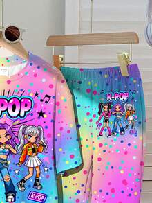 女童休閒極簡卡通女團印花 K-Pop 紮染短袖T恤與長褲兩件套，適合夏季 - 彩色 - 查看 6