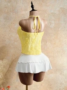 Allurite Women's Summer Beach Vacation Style Jacquard Knotted Halter Top - Light Yellow - View 9