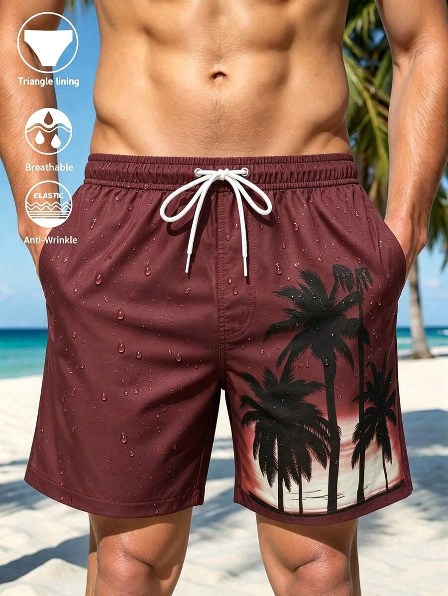 Surfspeed Men's Drawstring Waist Coconut Tree Print Casual Beach Shorts Holiday / Vacation / Beach / Hawaii / Tropical / Swim / Bathing - Rust Brown - View 1