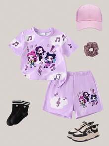 SHEIN Elladie kids 女童 2件組時尚卡通角色與音符圖案休閒極簡短袖上衣與短褲套裝，適合音樂節、夏季日常穿著 - 彩色 - 查看 3