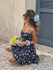 Serisse Women's Floral Print Front Tie Strap Mini Dress For Vacation Vacation Black Floral Summer Boho - Multicolor - View 3