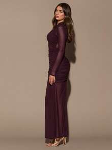 SHEIN BAE Autumn/Winter Dark Purple Semi-High Neck Halter Long Sleeve Waist Hem Semi-Sheer Sexy Ultra-Long Elegant Dress, Suitable For Cocktail Party Night Out - Purple - View 5