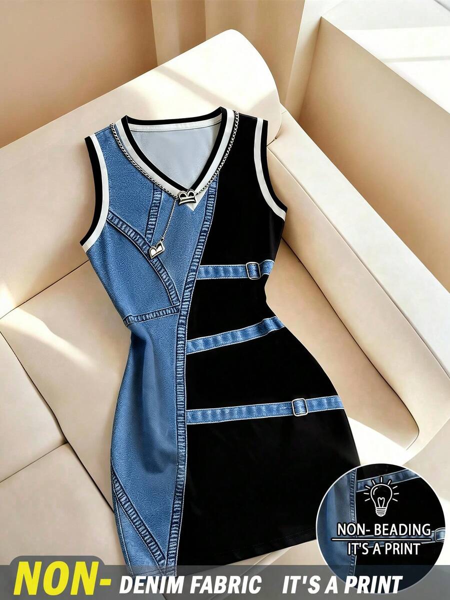 SHEIN Clasi 女款拼色V領休閒運動龐克日常夏季洋裝,適合外出與夜晚聚會,黑色 - 彩色 - 查看 1
