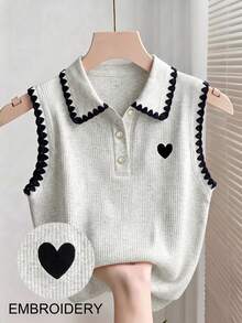 Franclia 黑色狗牙領心形刺繡修身羅紋灰色針織無袖 Polo 背心 - 彩色 - 查看 1