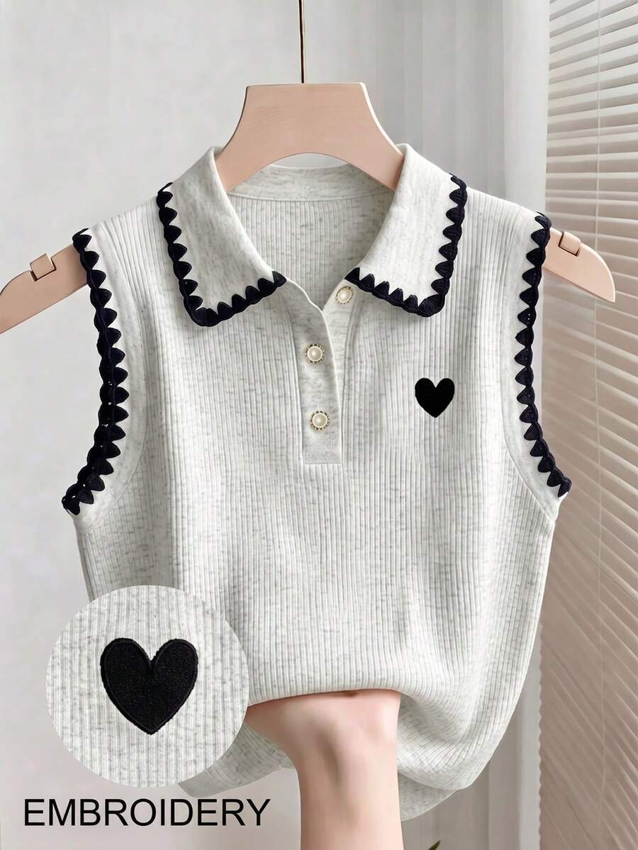Franclia 黑色狗牙領心形刺繡修身羅紋灰色針織無袖 Polo 背心 - 彩色 - 查看 1
