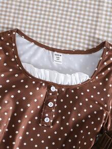 SHEIN Girls Round Neck Brown Polka Dot Long Sleeve Lace Trim Top With Pants, Fleece, Sweet Cute, Casual Comfortable, School, Winter Student Chocolate Brown - Brown - View 4