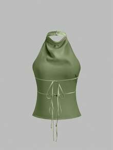 Sweetra Backless Tie-Up Solid Color Fitted Camisole - Army Green - View 2