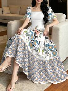 Modelyn 女款花卉印花方領短泡泡袖優雅中長洋裝 - 彩色 - 查看 5