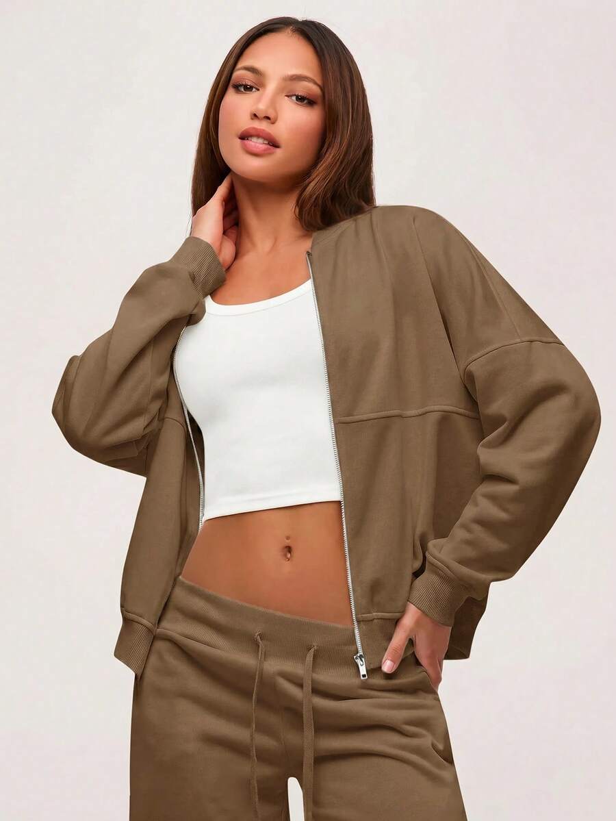 SHEIN BASICS Chaqueta holgada de punto de unicolor con cuello alto y manga larga para mujer, ropa de otoño e invierno - Café integral - Ver 1