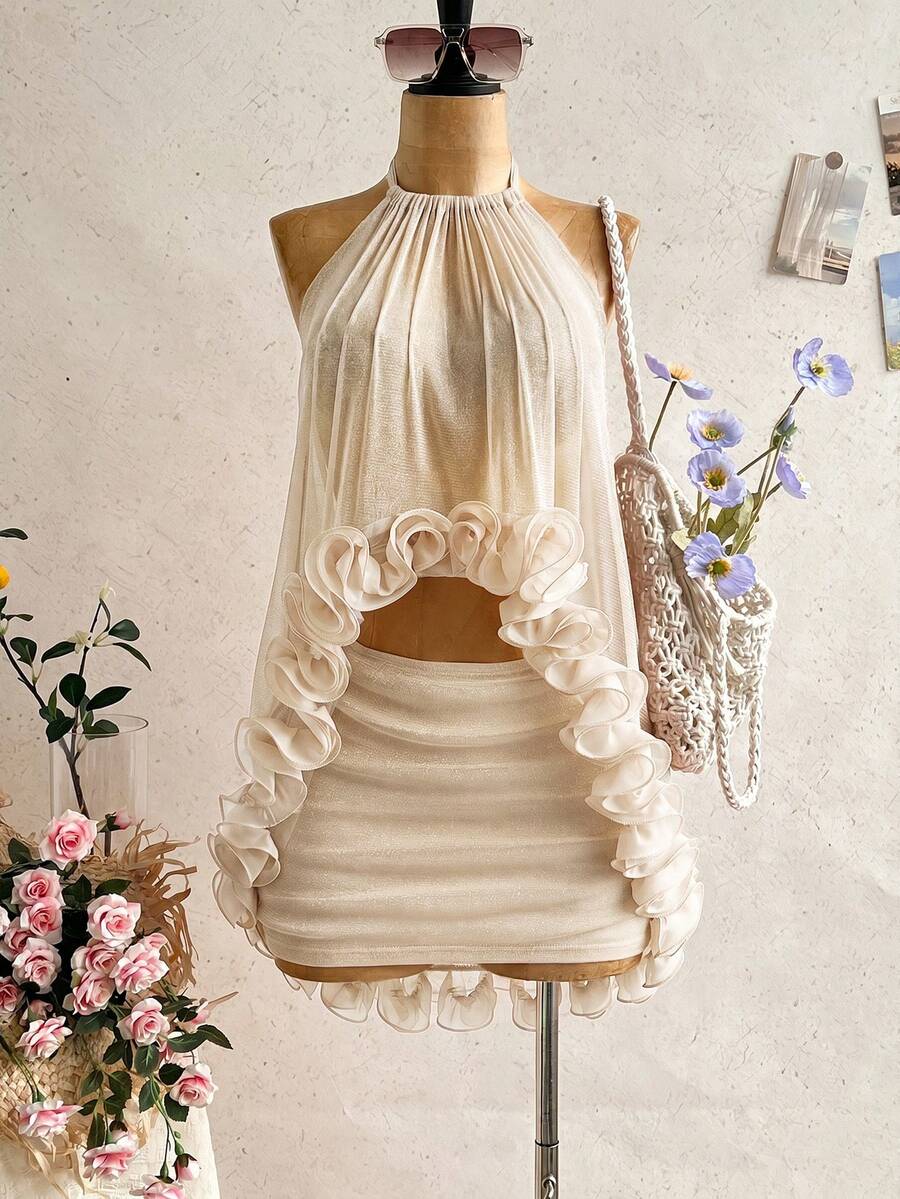Soleia Women's Summer Elegant Sexy Ruffle Halter Top And Skirt Set Night Out Vacation Cream White - Apricot - View 1
