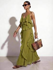 Zivah Women's Textured V-Neck Ruffle Hem Spaghetti Strap Vacation Dress Vacation Olive Green Summer Boho - Mustard Yellow - View 2
