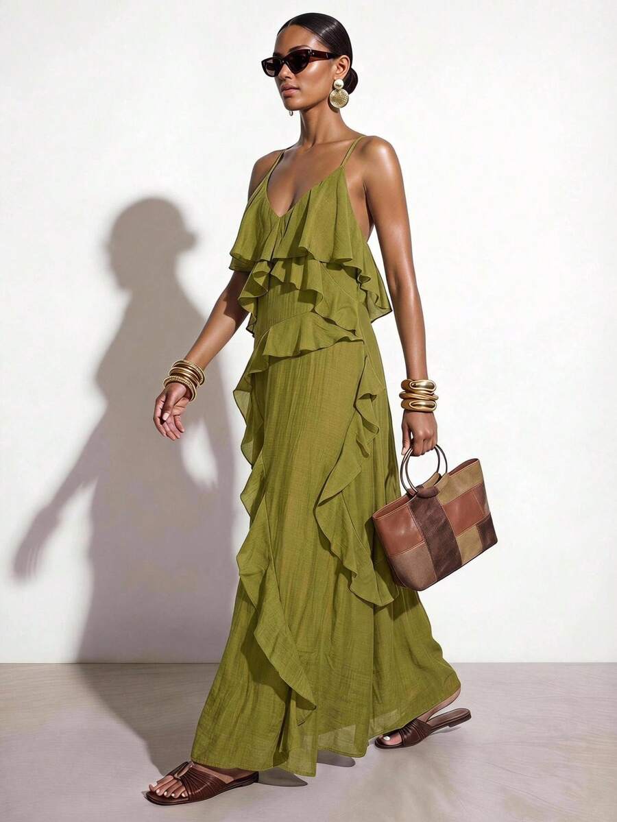 Zivah Women's Textured V-Neck Ruffle Hem Spaghetti Strap Vacation Dress Vacation Olive Green Summer Boho