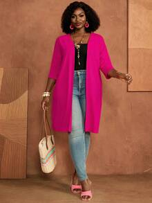 BrightlyHer Plus size enfärgad rosa lång cardigan med öppen front, 3/4-ärm, lätt, höst/vinter 2026 - Skrikrosa - Visa 7