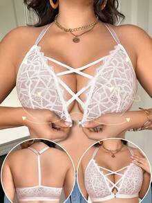 SHEIN Front Closure Lace Plus Size Wireless Bra Single Piece - Pink - View 3