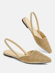 CUCCOO TILAWA Women Rhinestone Decor Pointed Toe Slingback Flat Sandals, Elegant Golden Glitter Back Strap Mule Pumps, Wedding Party Dress Slip On Shoes - Gold - View 4