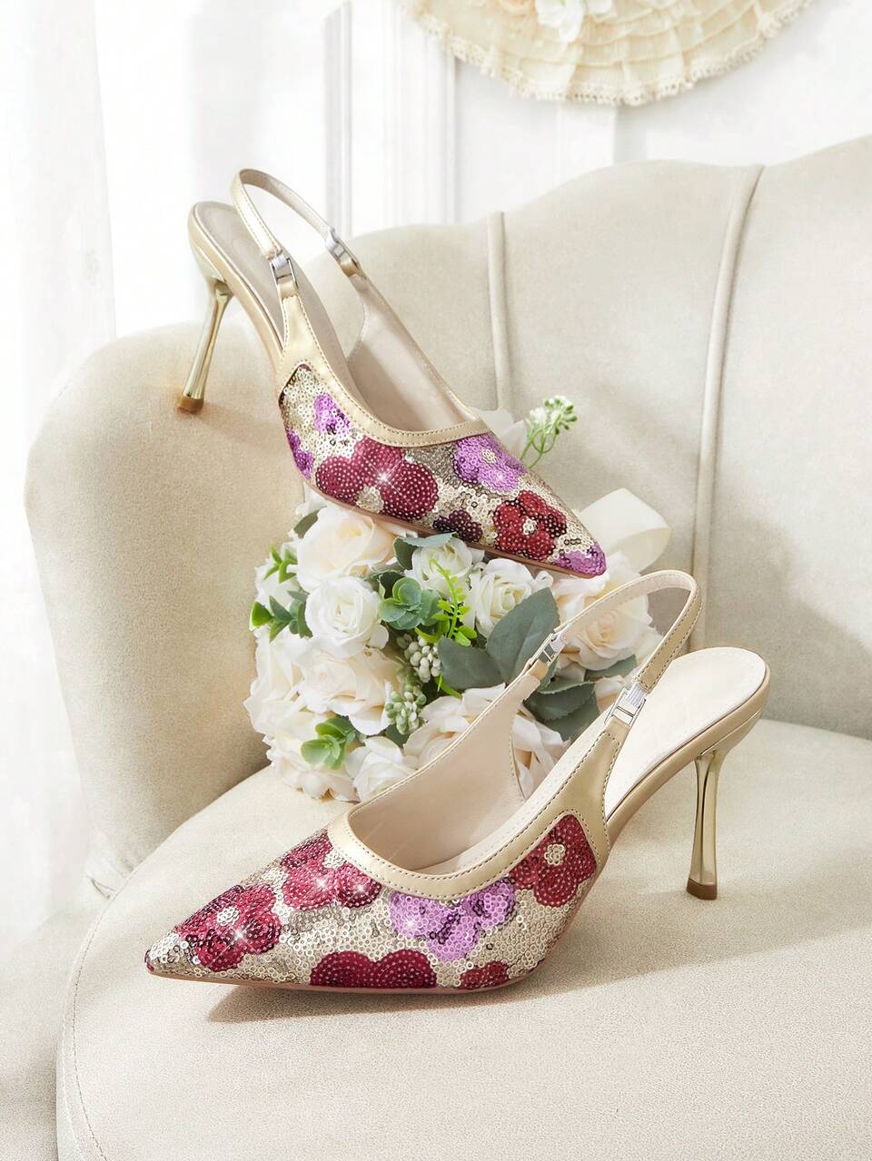CUCCOO HITCHD Women's Luxury Sequin Pointed Toe Stiletto Slingback Pumps, Elegant Date Wedding Bridal Shoes