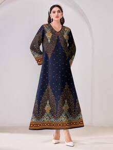 Al Najma Casual Minimalist Conservative Arabic Cashew Print Long Sleeve Dress - Multicolor - View 4