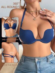 SHEIN 1pc Women's Sexy Minimalist Solid Color Underwire Plunge Back Halter Bra - Blue - View 5