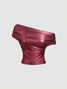 SHEIN MOD 女款優雅純色百搭掛脖上衣，夏季 - 酒紅色 - 查看 7