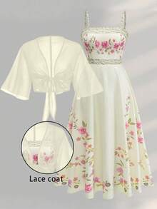 Franclia Plus Size Women's Fashion Pink Floral Chiffon Dress & Jacket 2-Piece Set,Elegant Summer Holiday Outfit,Tea Party Wedding Guest Spring Long Dress Fall - Light Yellow - View 11