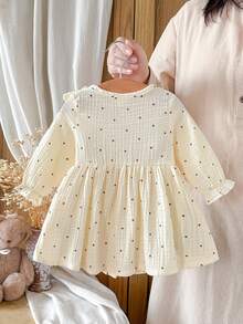 SHEIN Vintaside Kids 女嬰棉麻波點洋裝，可愛荷葉邊飾蝴蝶結長袖前開鈕扣 A 字裙，新生兒嬰兒波希米亞公主禮服 - 杏色 - 查看 2