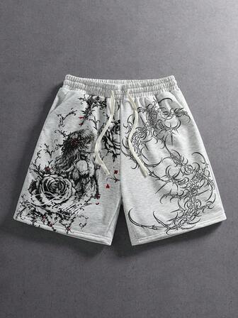 Street Life Pantalones cortos holgados con estampado de personajes de dibujos animados para hombres