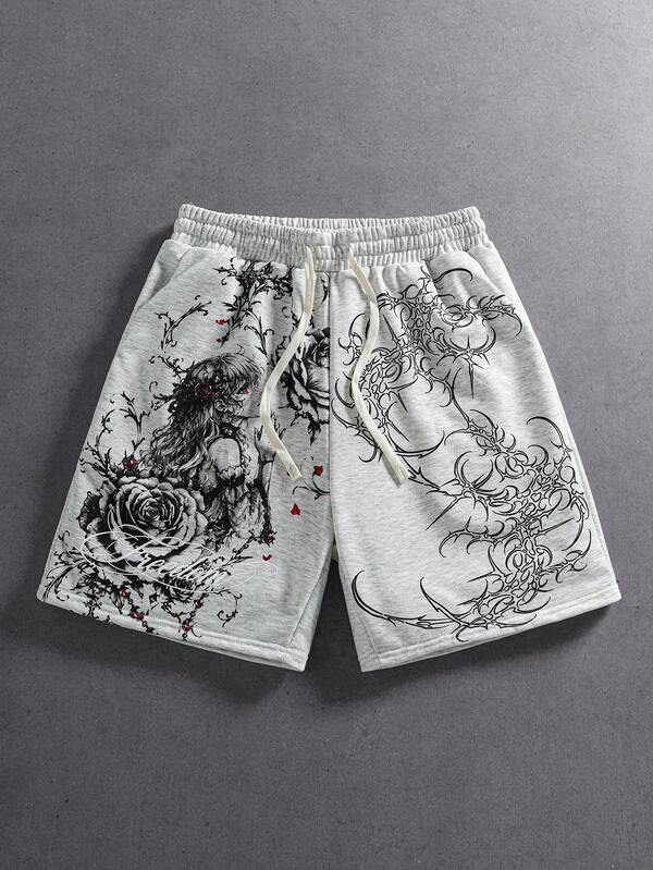 ROMWE MEN Street Life Men's Cartoon Character Print Loose Shorts
