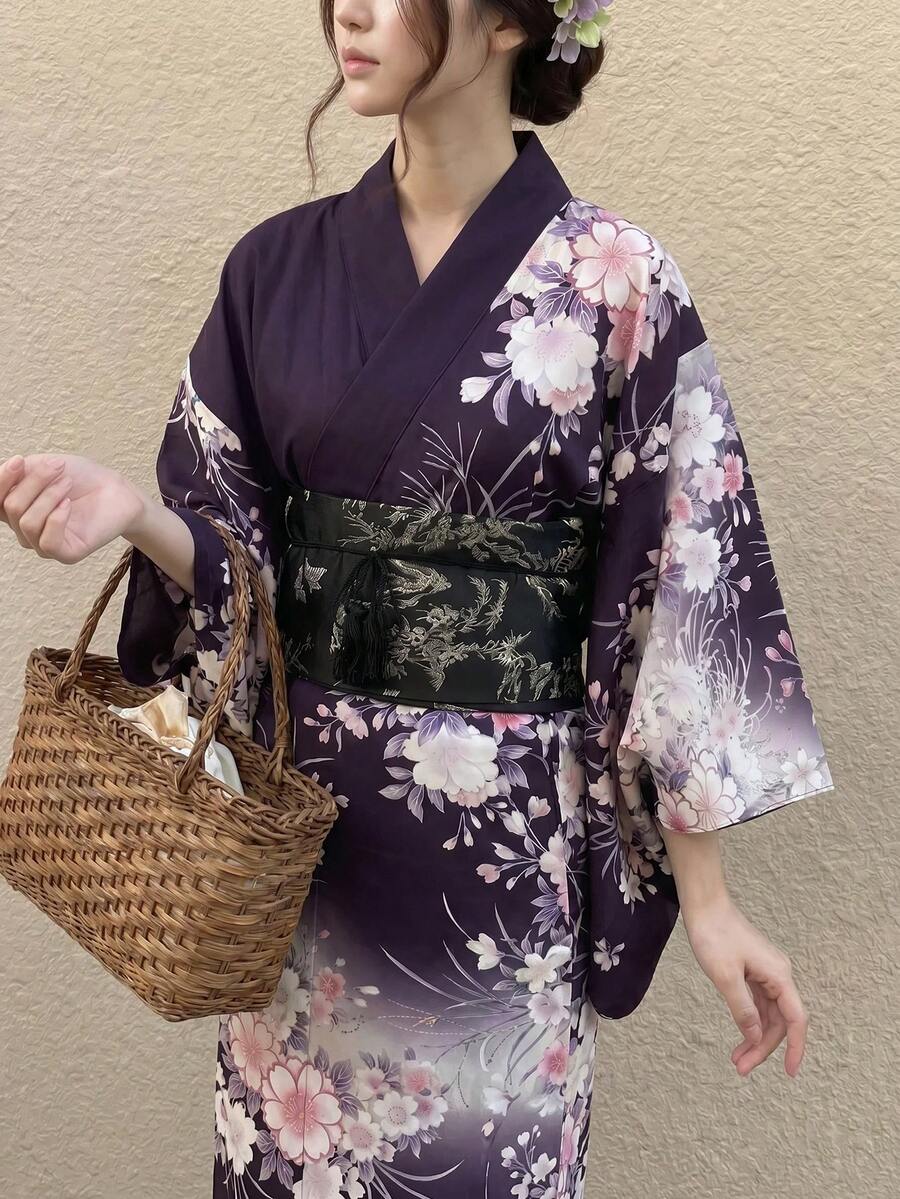 Irokai 女款花卉印花休閒日常居家浴袍 - 紫色 - 查看 1