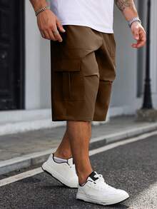 Manfinity Homme Pantalones capri cargo de cintura con cordón minimalistas para hombre de talla grande - Café integral - Ver 4