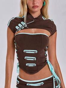 ACID BLVD Spring/Summer Y2K Hot Girl Sporty World Cup Outfit Napoleon Double-Breasted Button Decor Ultra Cropped Tank Top And Camisole 2pcs Set - Brown - View 10