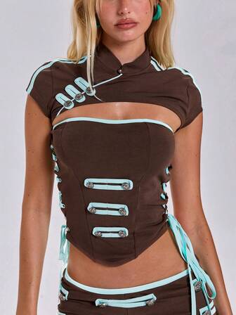 Spring/Summer Y2K Hot Girl Sporty World Cup Outfit Napoleon Double-Breasted Button Decor Ultra Cropped Tank Top And Camisole 2pcs Set