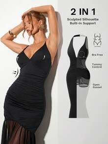 Nuvra Vestido de fiesta elegante y sexy con volantes en los tirantes y el bajo, de unicolor para mujer - Negro - Ver 1
