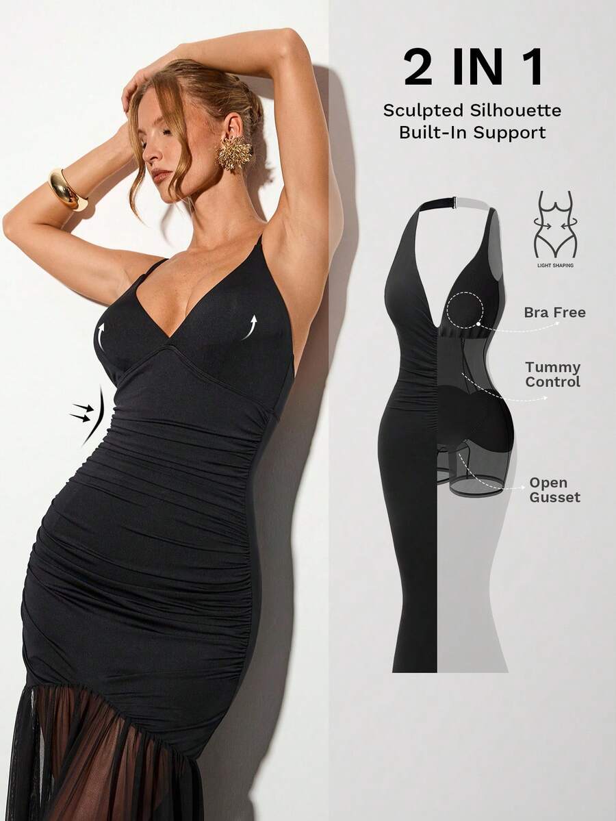 Nuvra Vestido de fiesta elegante y sexy con volantes en los tirantes y el bajo, de unicolor para mujer - Negro - Ver 1