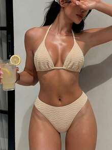 Swim Chiccia 2026春夏女式吊带露背黑色底白色波点随机印花甜美可爱侧开衩比基尼泳衣两件套米色泳衣棕褐色泳装度假比基尼套装奶油色比基尼沙滩两件套米色泳衣端庄比基尼套装纹理比基尼 - 杏色 - 查看 1