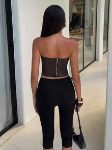 Aloruh Women's Sexy Bandeau Bustier PU Top Night Out Club Party Shades Of Brown Autumn - Brown - View 2