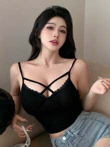 DAZY Ladies' Solid Color Spliced Lace Hollow Out Camisole Top Going Out Tops Summer Tank Tops - Black - View 7