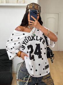 Coolane Women's Summer Streetwear Sporty Sportswear Going Out Everyday Back-To-School Breathable Mesh White With Black Polka Dots Jersey Tees - Black and White - View 5