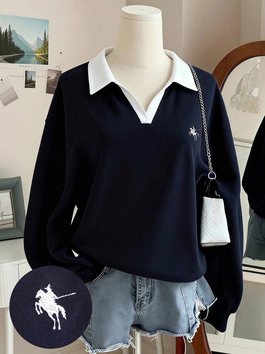 SHEIN Tween女孩海軍藍對比色 Polo領馬刺繡休閒運動學院風寬鬆版型秋冬衛衣 - 寶藍色 - 查看 1