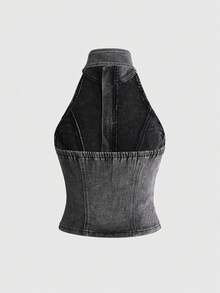 ROMWE Grunge Punk Summer Punk Hot Girl Western Vintage Distressed Lace-Up Fitted Denim Top - Grey - View 2