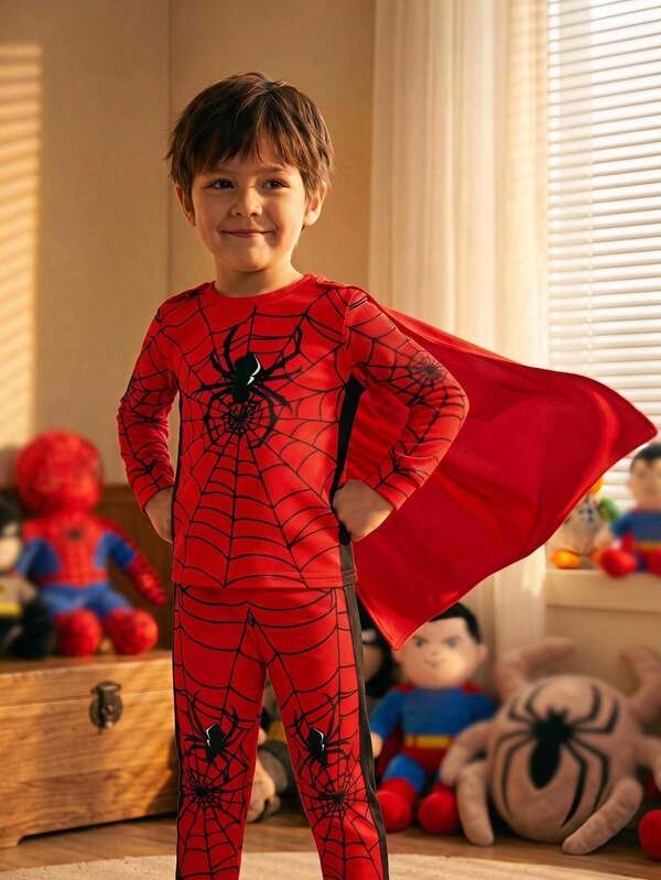 SHEIN Young Boy Red Spider Pattern Casual Minimalist Snug Fit Comfortable Thick Long Sleeve Crew Neck Pants Lounge Wear Suitable For Autumn/Winter