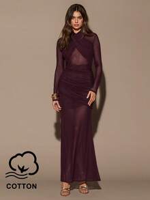 SHEIN BAE Autumn/Winter Dark Purple Semi-High Neck Halter Long Sleeve Waist Hem Semi-Sheer Sexy Ultra-Long Elegant Dress, Suitable For Cocktail Party Night Out - Purple - View 1