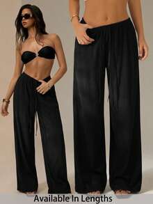 SHEIN PETITE CURVE Plus Size Women Solid Color Waist Tie Straight Leg Loose Fit Pants - Black - View 3